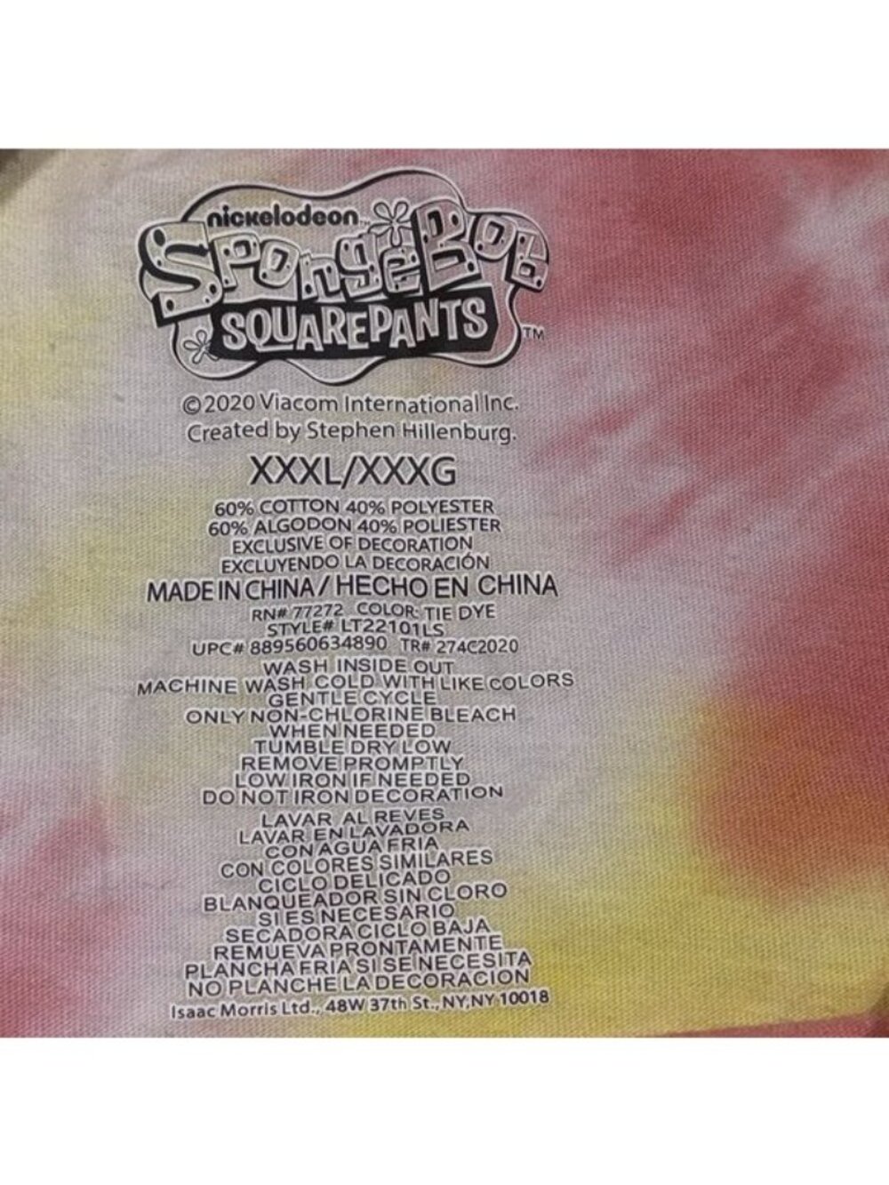 Nickelodeon SpongeBob SquarePants Tie-Dye Long Sleeve Shirt 3XL - Picture 2 of 5